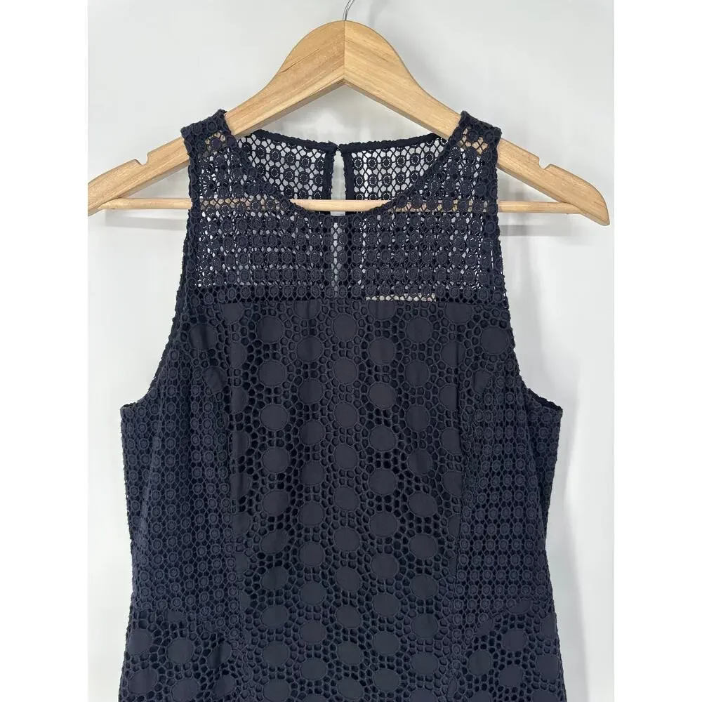 Tory Burch Hallie Eyelet Dress Mini Crew Neck Sleeveless Lace Preppy Navy Blue - Picture 5 of 12